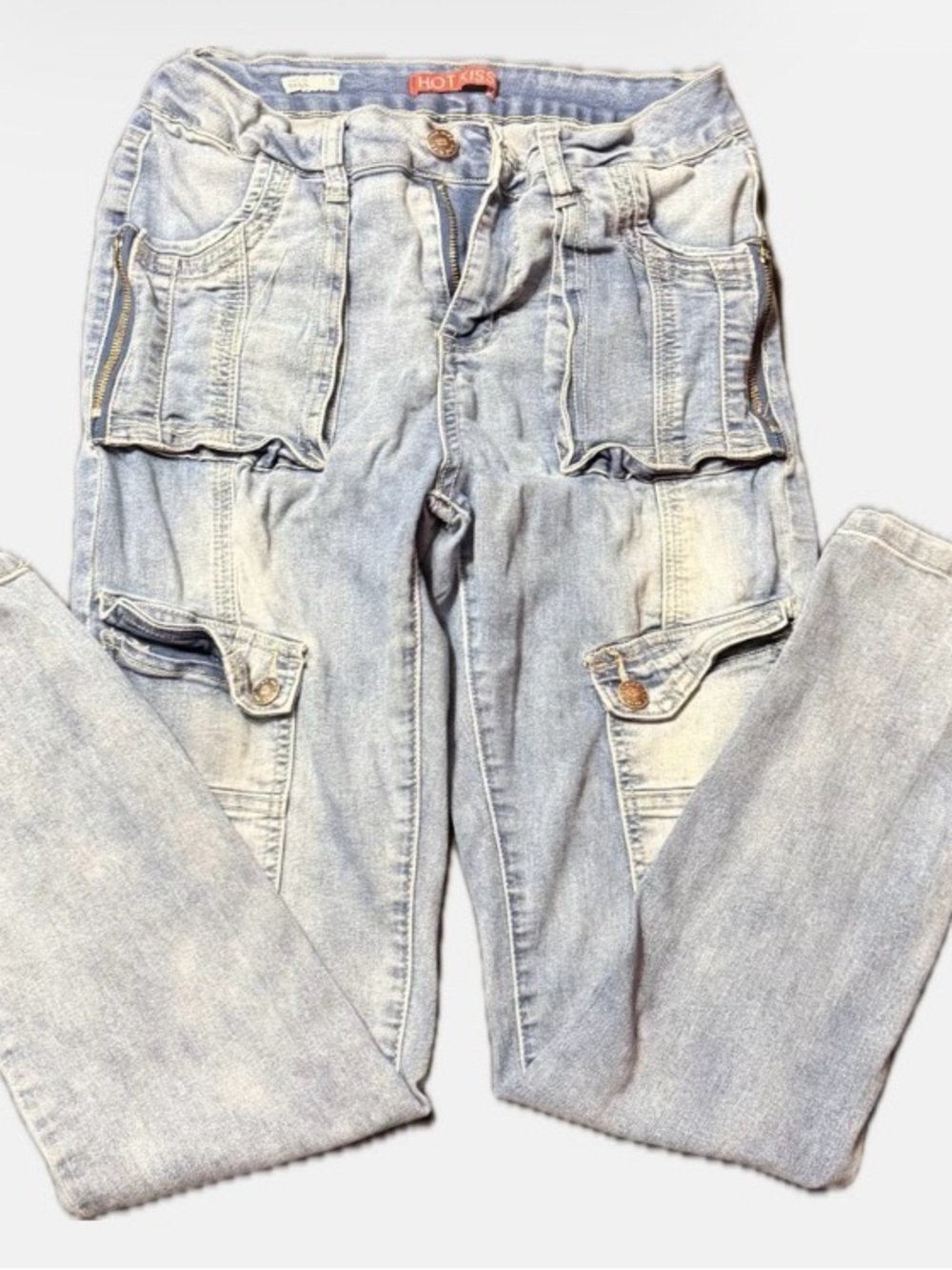 Girls Hot Kiss Light Blue Cargo Jeans with Front Flap Pockets